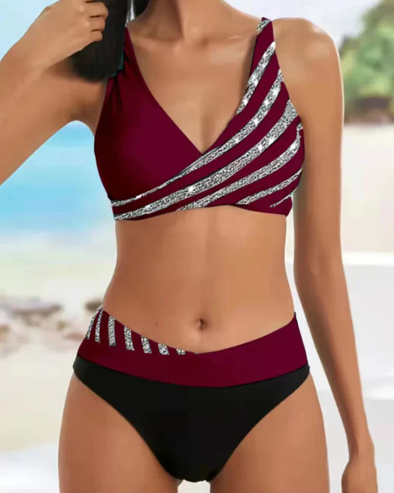 Elegant stripete bikinisett med trykk for damer
