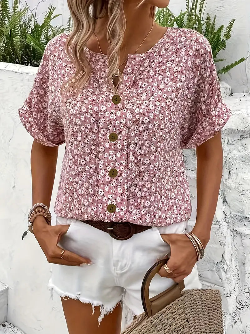 Clara | Floral Kortermet Damebluse med Løs Passform