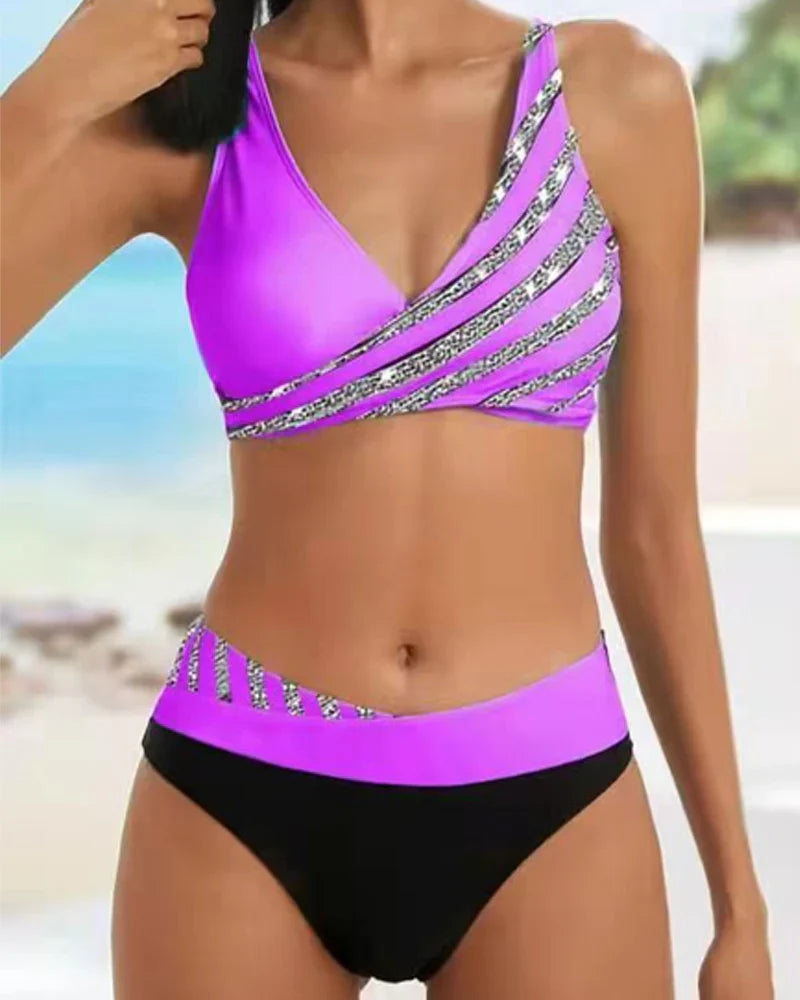 Elegant stripete bikinisett med trykk for damer