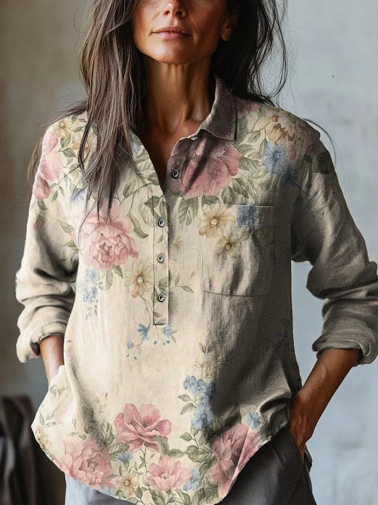 Linskjorte med Vintage Blomstermønster