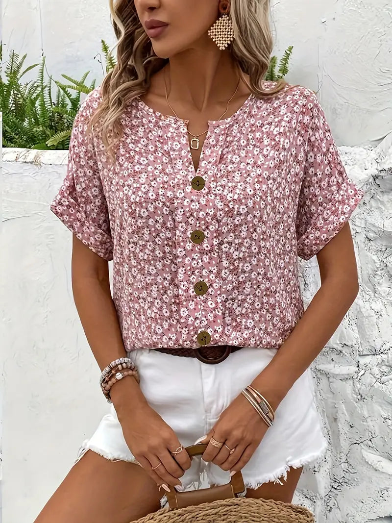 Clara | Floral Kortermet Damebluse med Løs Passform