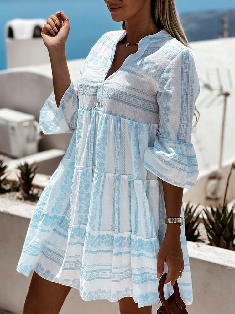 Boho Kjole med Volanger for Kvinner med Blomsterprint