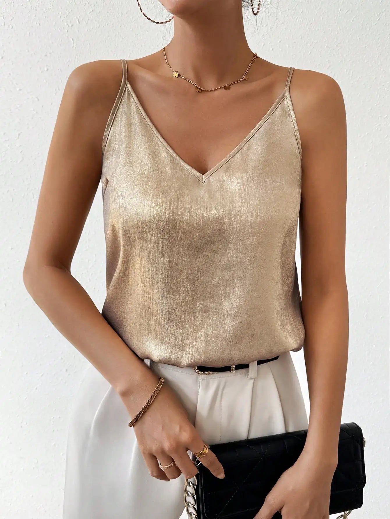 Ida | Kvinners Metallic V-hals Cami Topp