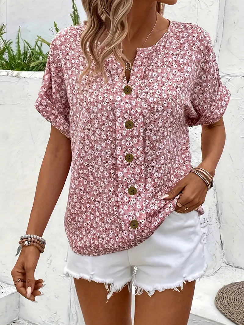 Clara | Floral Kortermet Damebluse med Løs Passform