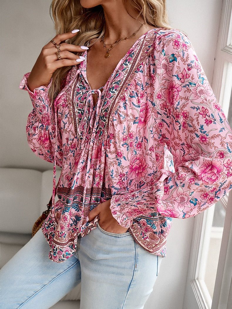 Laura | Blomstrete Boho Tunika med Lange Ermer