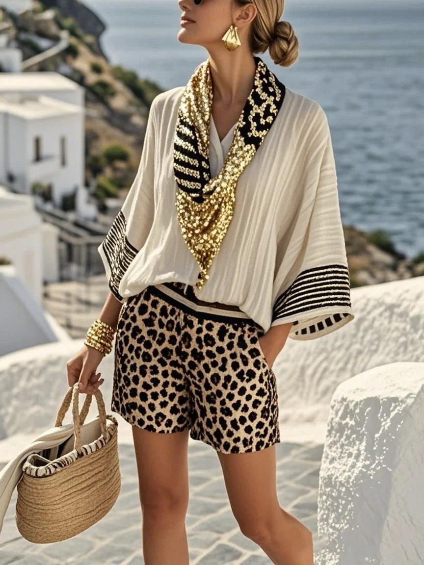 Stripete Leopard Sett med Shorts og Skjerf