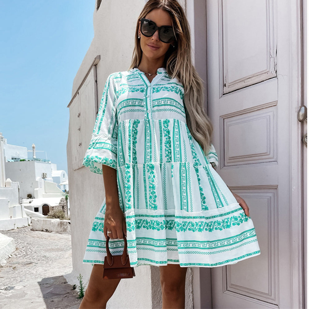 Boho Kjole med Volanger for Kvinner med Blomsterprint