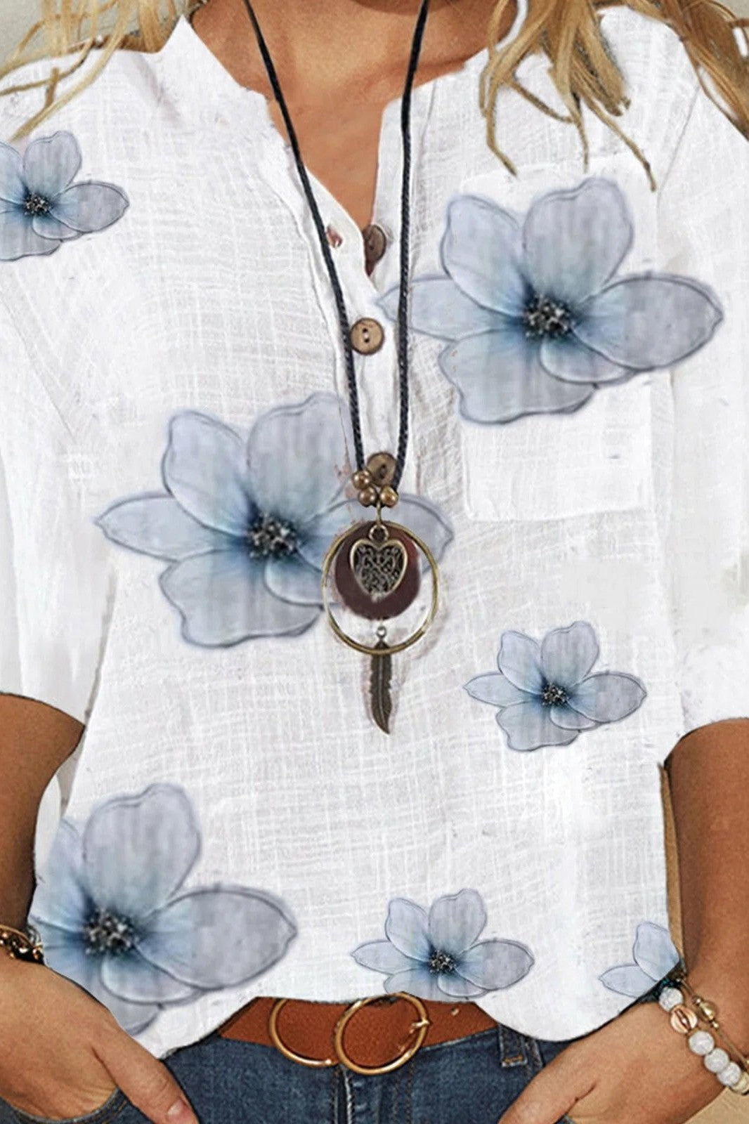 Anna | Blomstret V-hals Bluse med Løs Passform