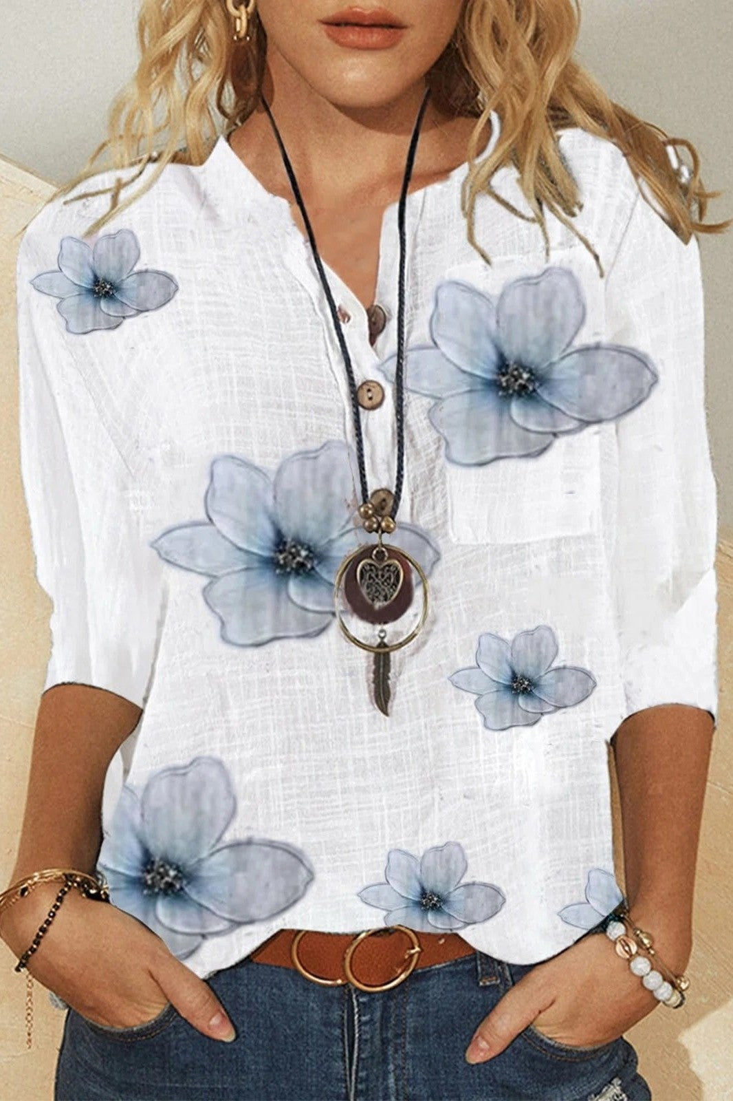 Anna | Blomstret V-hals Bluse med Løs Passform